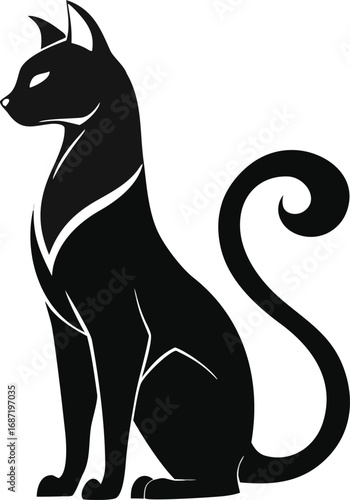 Sleek black cat silhouette with elegant curled tail, embodying mystery and grace