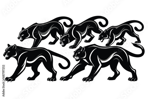 Dynamic black panthers prowling powerfully, conveying strength, stealth, and wild elegance in a striking visual.