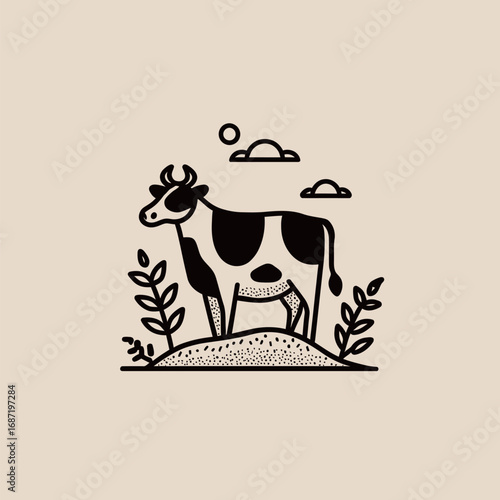 A black and white illustration features a cow standing on a grassy hill. Clouds and leafy plants enhance the natural setting, showcasing a simple yet appealing design that highlights rural life.