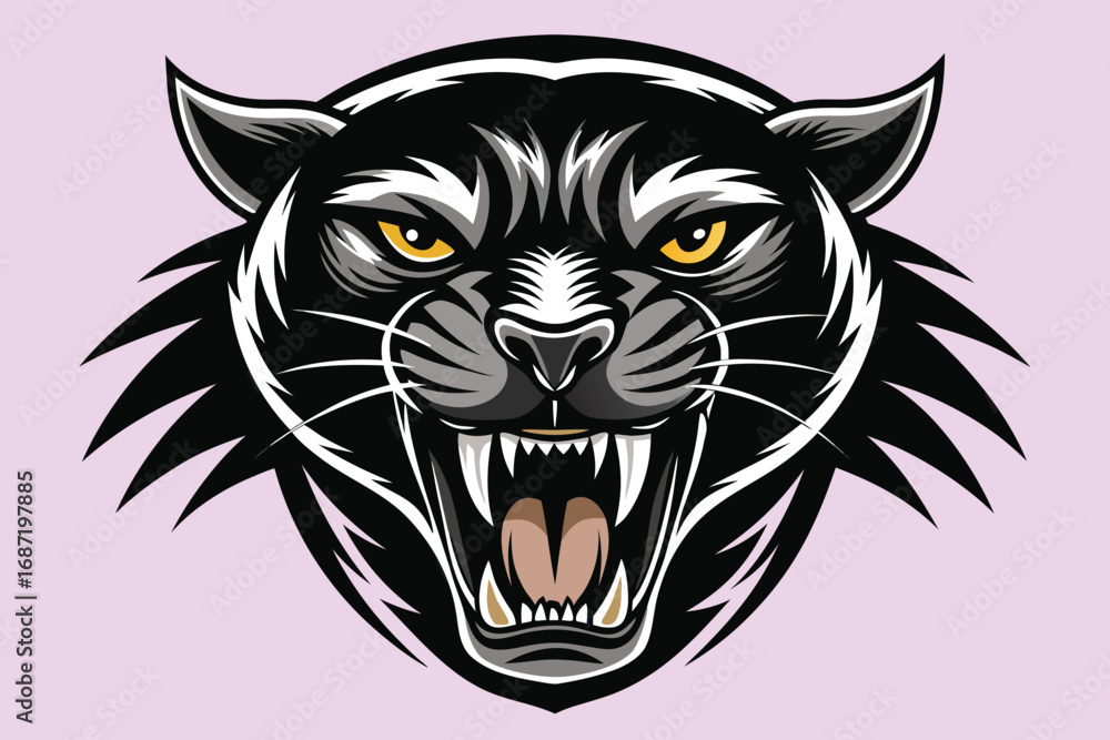 Obraz premium Fierce black panther roaring with sharp teeth and glowing yellow eyes, symbolizing power and danger