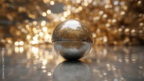 Reflective sphere floating on water with vibrant blurred bokeh lights in the background