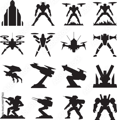 Silhouette Icons of Futuristic Robots and Sci- Fi Warfare Machines Keywords: robot, mecha