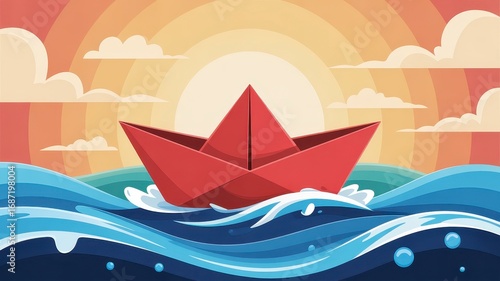 Simplified paper boat sailing on the ocean with clouds and sunset or sunrise scenery