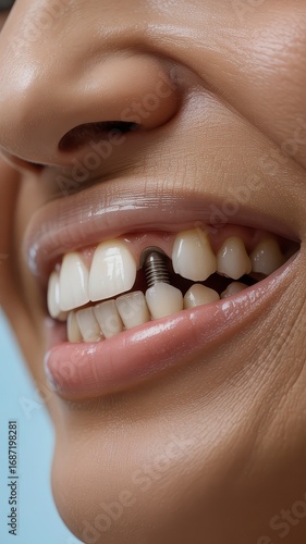 Smiling face showing dental implants and teeth restoration for healthy smiles