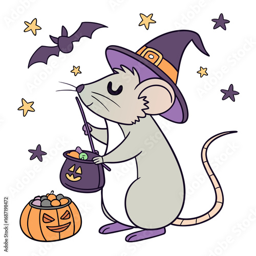 Cute Sleepy Rat, accessorized with with a magic wand, in a Halloween world – Spooky Fun palette vector