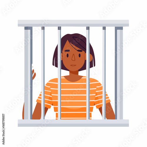 woman prisoner behind bars illustration. Inmate in striped uniform, sad convict in jail bar cell window
