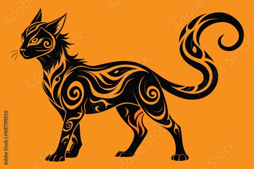 Mysterious black cat with vibrant tribal patterns and glowing eyes on an orange background