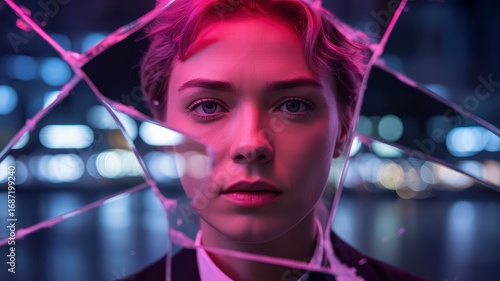 Woman Faces Broken Mirror Reflecting City Lights Aesthetic Portrait