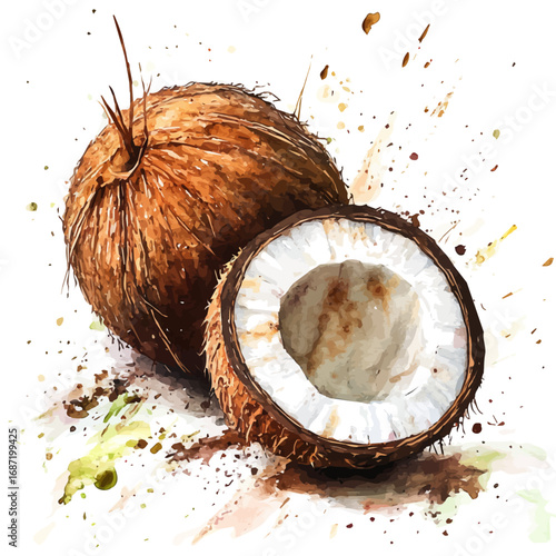 Coconut, watercolor drawing vector, isolated on a white background.