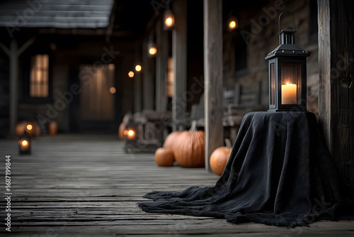 Autumn Lantern Glow on Rustic Porch with Pumpkins for Halloween Decor Inspiration