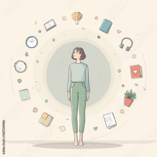 A woman stands calmly in the center as various items related to daily life, like books, plants, and clocks, float around her, symbolizing multitasking and organization.