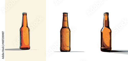 Three empty amber glass bottles are arranged on a simple background, casting soft shadows that emphasize their contours and colors. The clean presentation highlights their unique shapes.