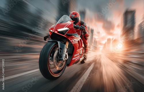 A fast-paced shot captures a red motorcycle racing down a city street at dusk, with blurred motion effects