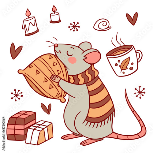 Whimsical Rat feeling Loving in a Christmas setting with hugging a pillow – colored in Warm Cozy