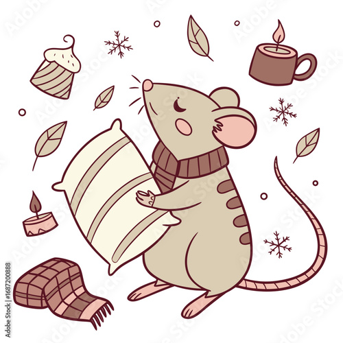 Whimsical Rat feeling Loving in a Christmas setting with hugging a pillow – colored in Warm Cozy
