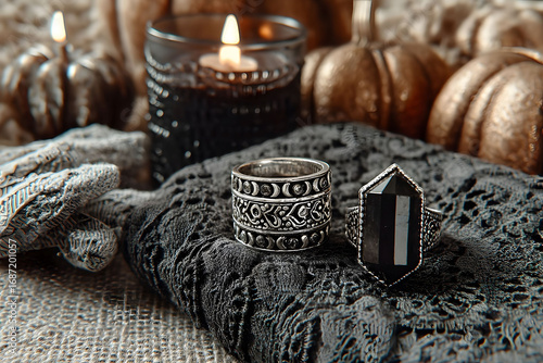 Elegant Gothic Jewelry Display on Lace with Candles and Pumpkins for Autumn Decor