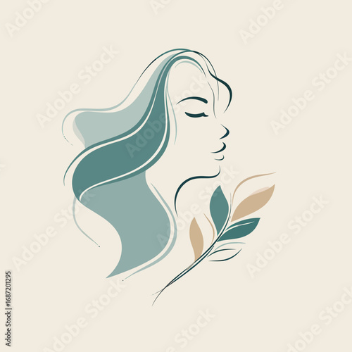 A profile illustration of a woman with long, flowing hair gazing peacefully. Delicate leaves accompany her silhouette, creating a serene and artistic composition with soft colors.