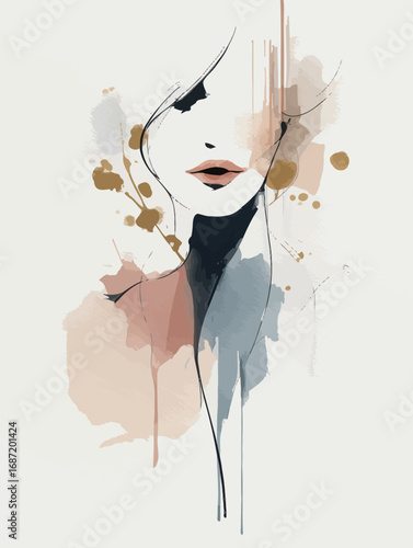 Abstract representation of a womans face with delicate features, rendered in soft pastels and earthy tones, merging drawing and painting techniques for artistic effect.