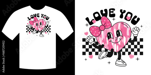 Y2K "LOVE YOU" T-shirt Design with Cute Cartoon Heart and Checkerboard Background