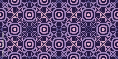 Geometric repeat pattern of rounded square frames set against dark purple backdrop, seamless, repeat, textile, print, geometric pattern