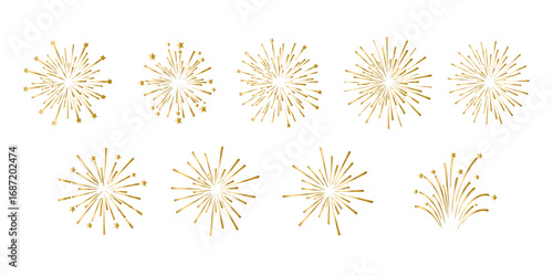 A collection of golden fireworks, thin stroke lines. Vector illustration isolated, transparent background. Design for overlay, montage, texture. Happy New Year concept.