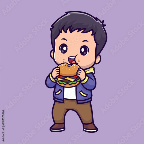 Cartoon boy eating a burger wearing blue jacket brown pants purple background