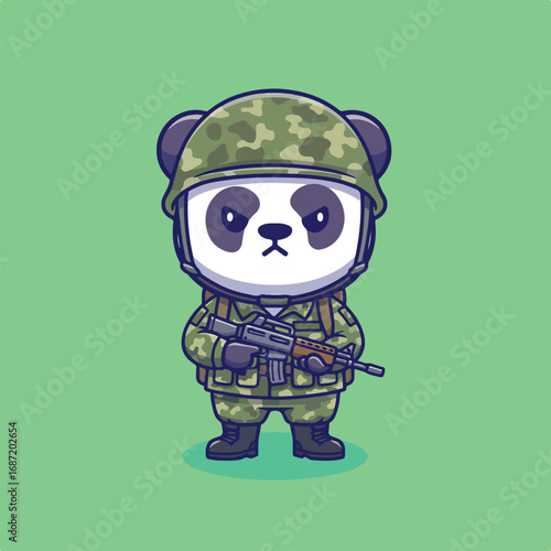 A cartoon panda wearing military uniform holding a rifle standing on a green surface against a green background