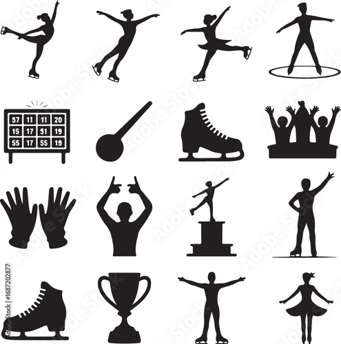 Figure Skating Icons Collection with Skaters Trophies and Gloves Silhouettes vector