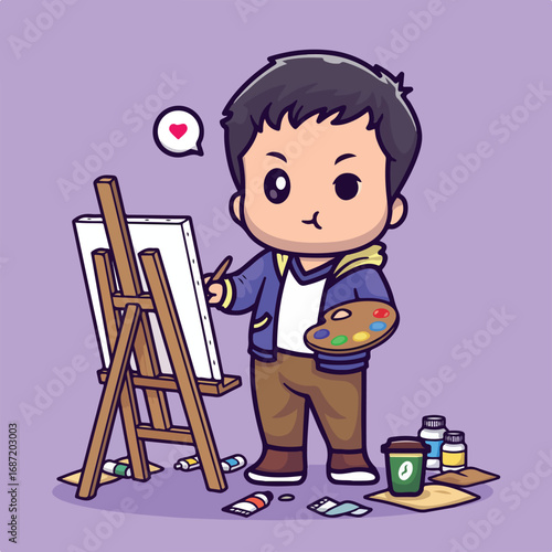 A cartoon artist stands before an easel with a palette a thought bubble with a heart and art supplies on the floor