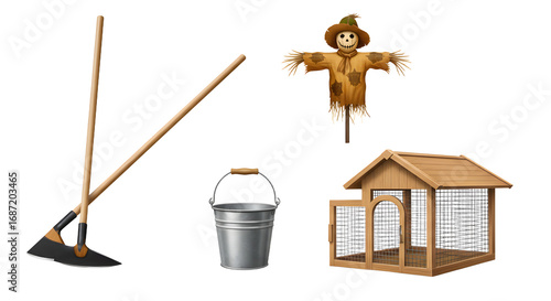 FARMING - Wooden chicken coop with wire mesh, metal bucket, garden hoe, and rake isolated on white background, perfect for farming and gardening