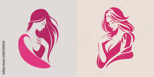 Two artistic representations of women with long, flowing hair feature graceful poses. One silhouette presents a softer style, while the other showcases a bolder design.