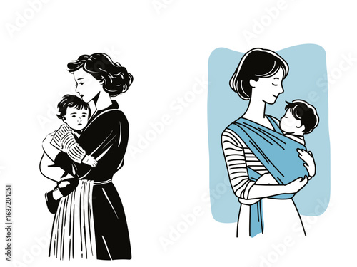 Two mothers are depicted holding their babies in contrasting styles. One mother cradles her child in her arms, while the other uses a wrap. Both showcase love and connection.