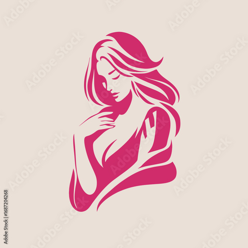 A striking silhouette features a woman with flowing hair and a graceful posture. The design uses vibrant pink tones, emphasizing elegance and femininity. Ideal for art or fashion themes.