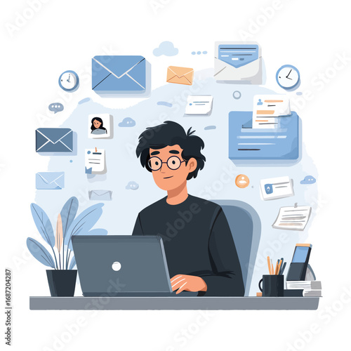 A young man with glasses is focused on his laptop at a neat desk. Around him, various email icons and reminders float in the air, suggesting a busy work environment filled with communication tasks.