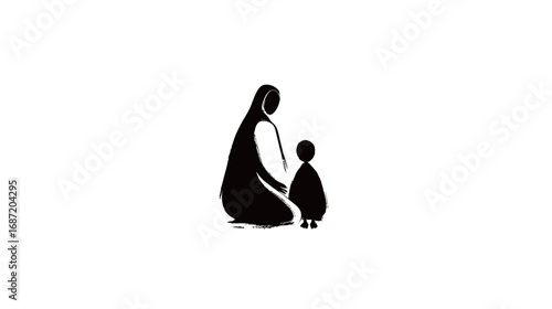 Silhouette of a mother kneeling beside her child. The figures are rendered in black against a white background, emphasizing their bond and tenderness in a minimalistic style.