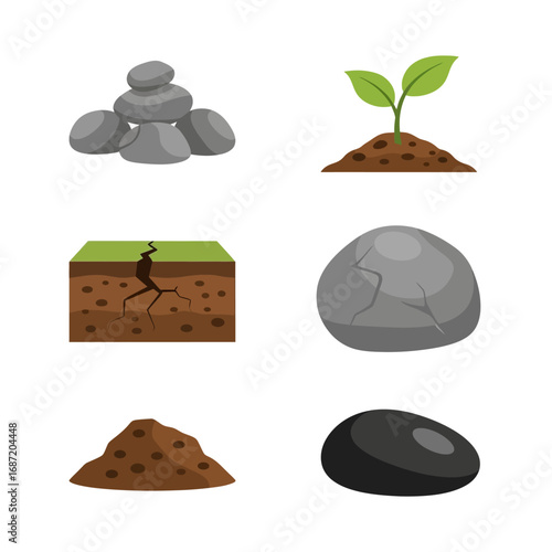 A collection of six distinct illustrations depicting various elements related to earth, soil, and geology.