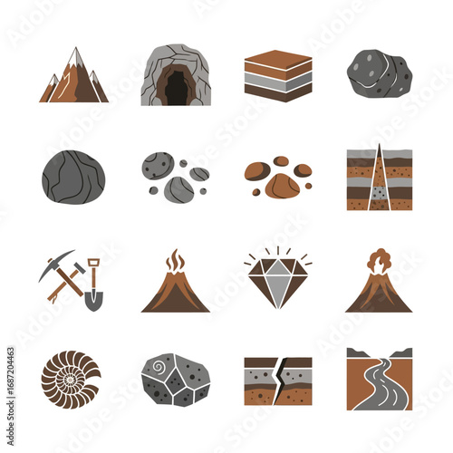 Collection of various geological elements and formations, including mountains and rocks.