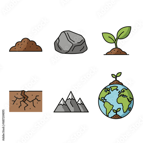 Earth elements: soil, rock, plant, cracked ground, mountains, globe.