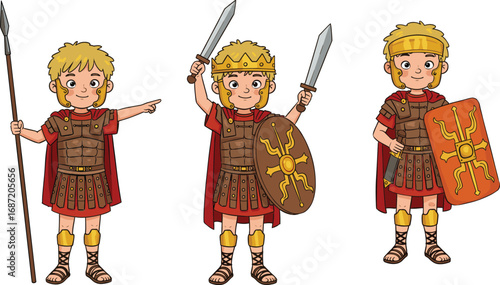 "Cartoon Roman soldier boy character set, ancient warrior costume illustration, vector kids history clipart, gladiator armor with sword, spear, and shield design"
