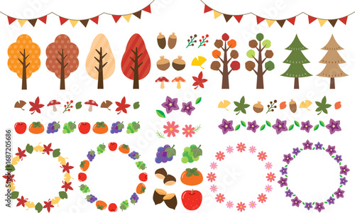 秋の植物と果物のセット