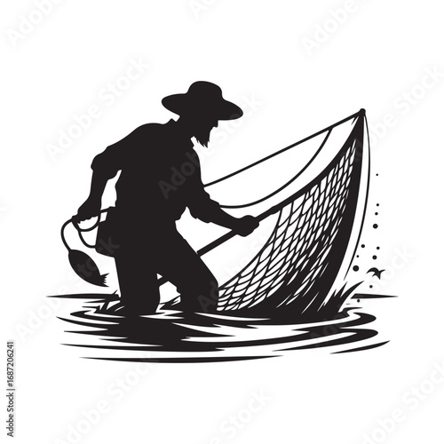 fisherman casting net vector silhouette clip art logo design illustraiton.