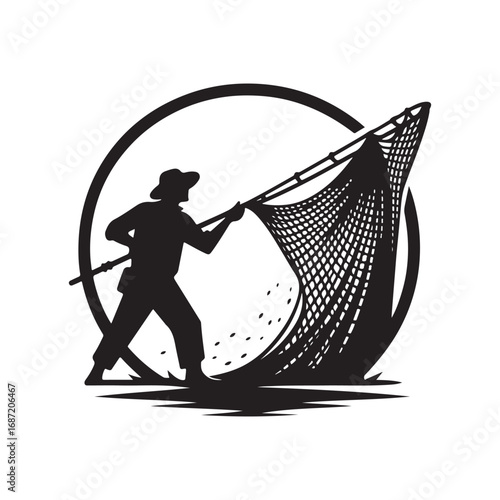 fisherman casting net vector silhouette clip art logo design illustraiton.