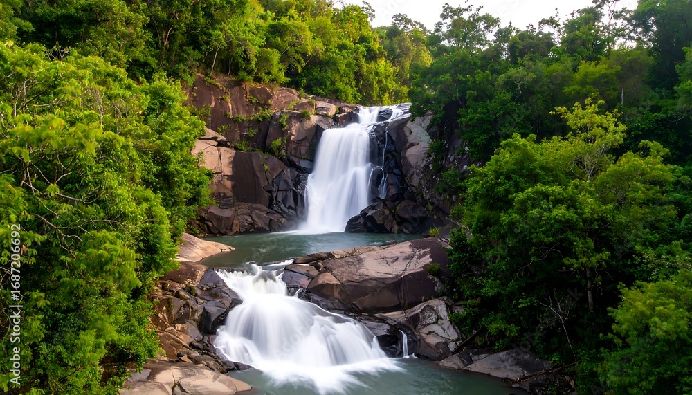Fototapeta premium Lush waterfall cascading down rocky terrain amidst dense green forest