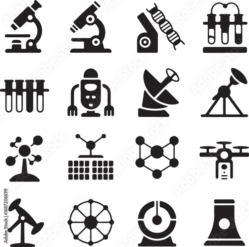 Science and technology icons including microscopes and DNA on white background Keywords