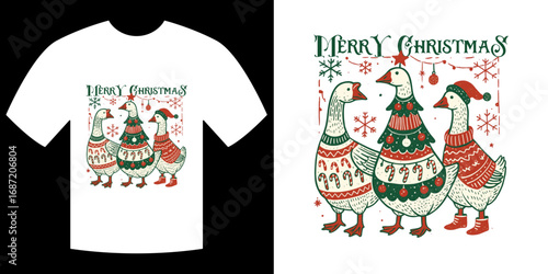 Funny Geese in Ugly Christmas Sweaters T-Shirt Design