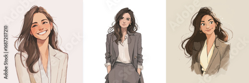 A fashionable woman displays a range of expressions in a stylish blazer, highlighting her confidence and personality through contemporary art. The overall design emphasizes elegance.