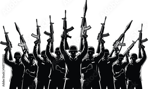 Silhouette of Armed Soldiers Holding Rifles and Rocket Launchers in Battle Formation Showing Military Power and Combat Readiness