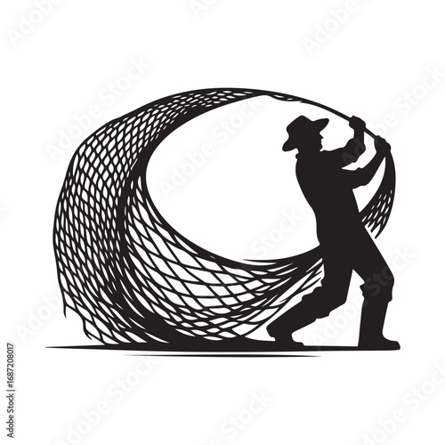 fisherman casting net vector silhouette clip art logo design illustraiton.