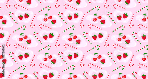 Vibrant and cheerful seamless pattern with candy canes, cherries, and strawberries on a pink creamy background, perfect for festive and sweet designs