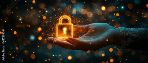 A hand with a holographic lock symbolizing security and innovation — relevant for content about cybersecurity, digital technologies, and data protection.